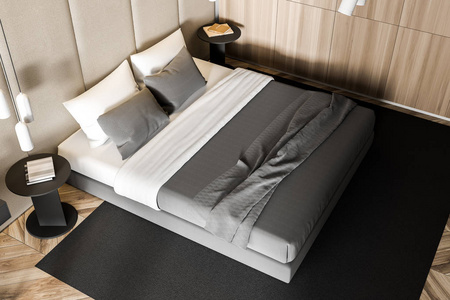 米色和木质主卧,俯视摄影图