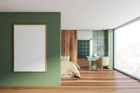绿色和木质卧室，带垂直海报