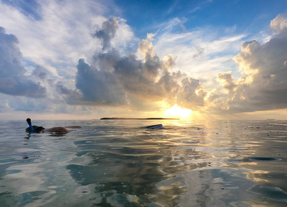 人类在海洋中浮潜，背景是美丽的日落，云和太阳反射到水中。