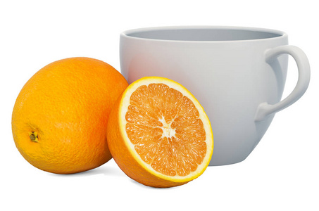 新鲜橙子的暖橘子饮料，三维渲染