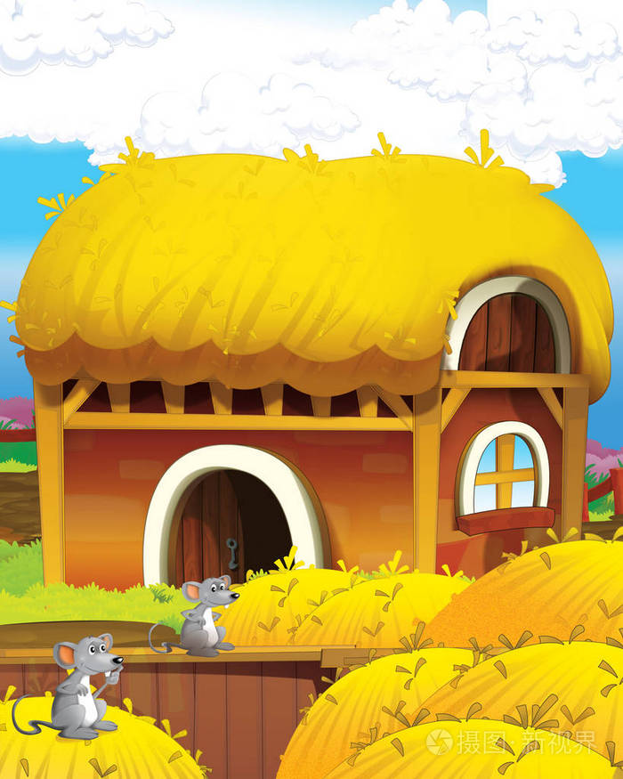 卡通场景与有趣的山间农舍-儿童插图