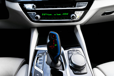 Automatic gear stick of a modern car. Modern car interior detail