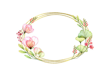 植物手绘插图.水平椭圆组成的透明玫瑰和叶子,用于标志,婚礼,贺卡照片