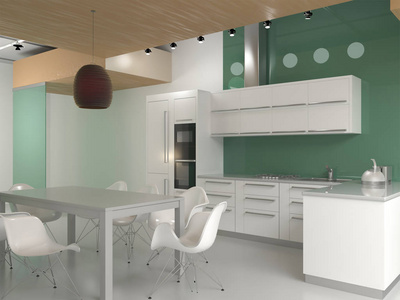 白色和薄荷色新现代厨房的三维渲染