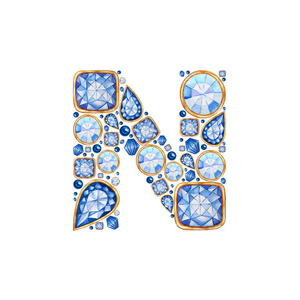 蓝色水晶字母.白色背景上有钻石和明亮的字母表,珠宝店标志概念.