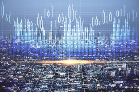 外汇图表城市景观与摩天大楼壁纸双重曝光。金融研究概念。