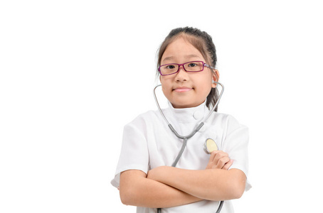 Cute asian child in doctor coat with stethoscope isolated 