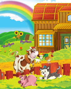 白色背景的卡通场景，奶牛在农场玩耍儿童插图