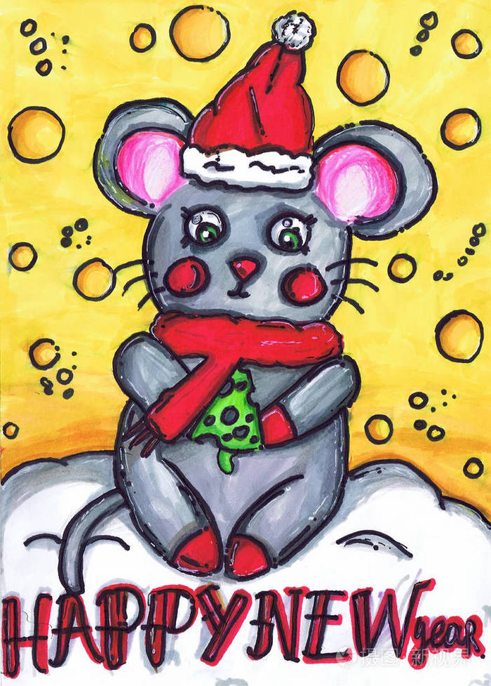 一只戴着圣诞老人帽的老鼠拿着一块奶酪坐在雪地上儿童绘画