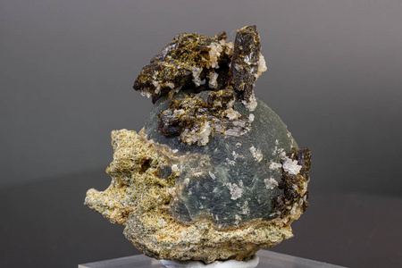 macro mineral stone Prehnite on Epidote on a gray background 