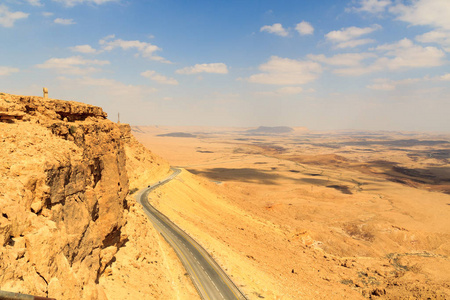 以色列内盖夫沙漠马克泰什拉蒙火山口的山景和街道