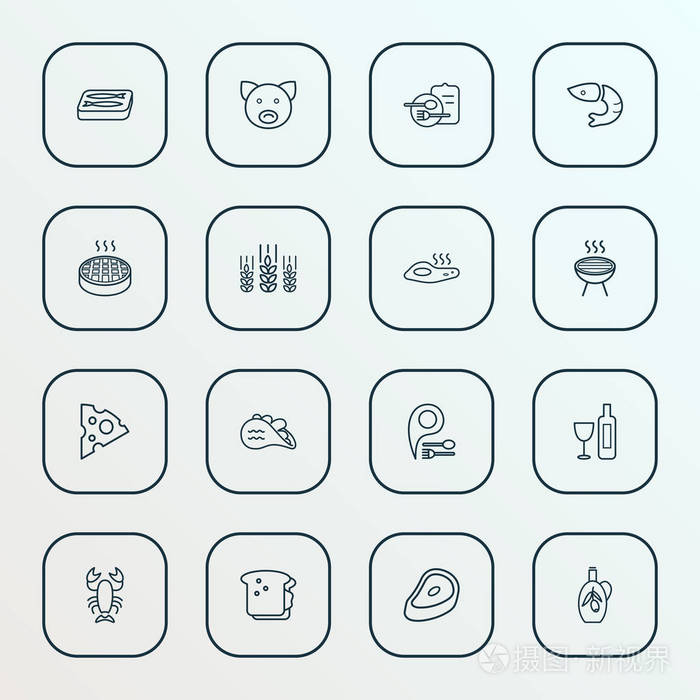营养图标系列风格集龙虾烧烤奶酪片和其他谷物元素独立插图营养图标
