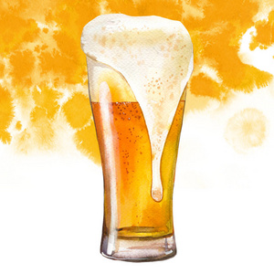 啤酒节。水彩画插画与玻璃啤酒在风景如画的风格酒吧。庆祝酒单。啤酒海报。