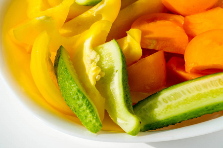 Cucumbers, tomatoes, sweet peppers, cooking salads, a cold dish 