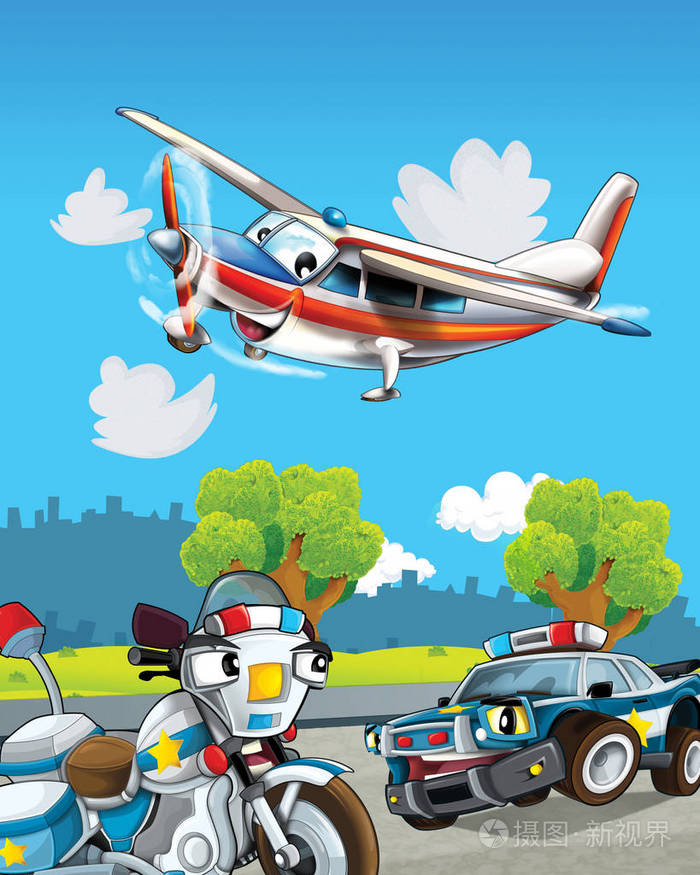 警车驶过城市和紧急飞机飞行的卡通场景儿童插画