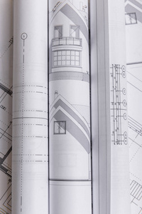 白色家庭纸房子，房子项目计划和蓝图的背景。简约简约的概念风格。水平方向。俯视图