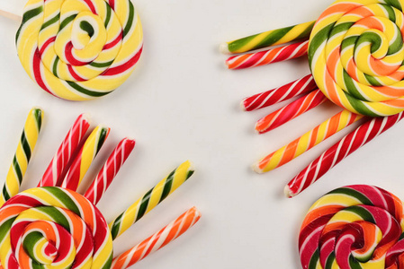 Colorful candies background. Lollipop. Top view. 