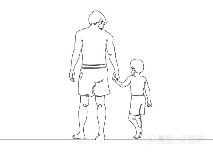 在沙滩上连续划一条线爸爸和她的小儿子玩