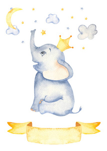 水彩卡与可爱的卡通小象和丝带照片