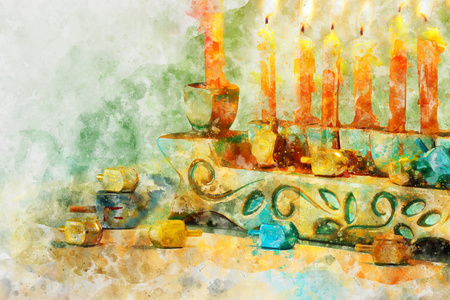 犹太节日光明节传统烛台的水彩画风格和抽象形象