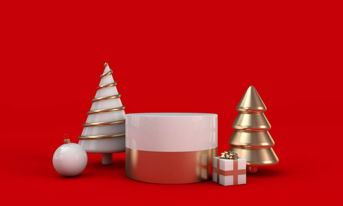 节日圣诞抽象红白金色圆形主席台空展台。三维渲染