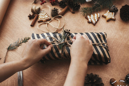 Hands wrapping christmas gift in stylish striped paper and pine 