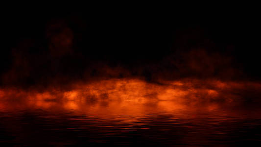 火焰烟雾在水中反射。海岸上神秘的海岸大火。设计元素。