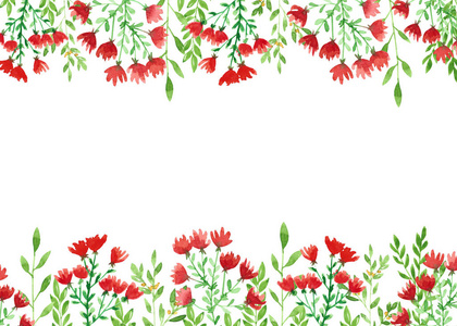 Watercolor illustration, simple red wild flower, green twigs. 