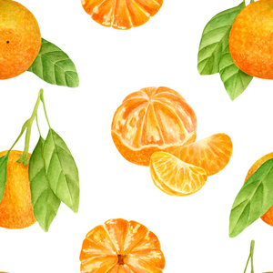 水彩橘色无缝图案。剥皮的柑桔柑橘类水果的手工绘制植物插图，在白色背景上分离出叶子和薄片，用于设计装饰和包装。