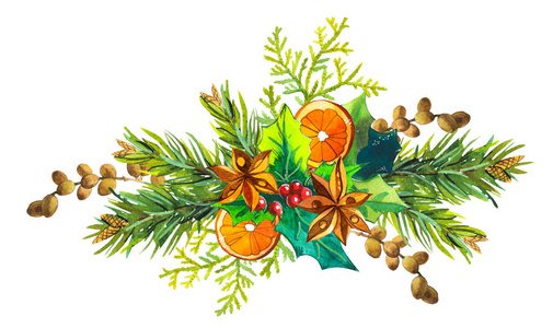 美丽的水彩花环和标题与冬季花卉和植物在白色背景浆果，橙色片，松果，一品红和松树。圣诞快乐。