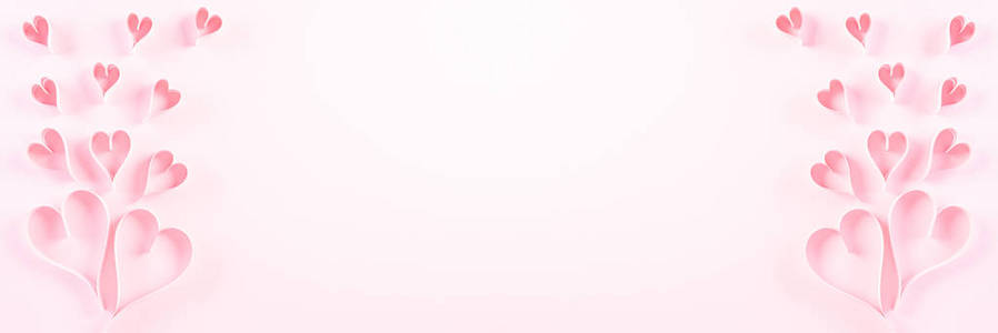 粉红色纸心形浅粉色粉彩纸背景，装饰角落边框边框标题横幅。爱情和情人节的概念。