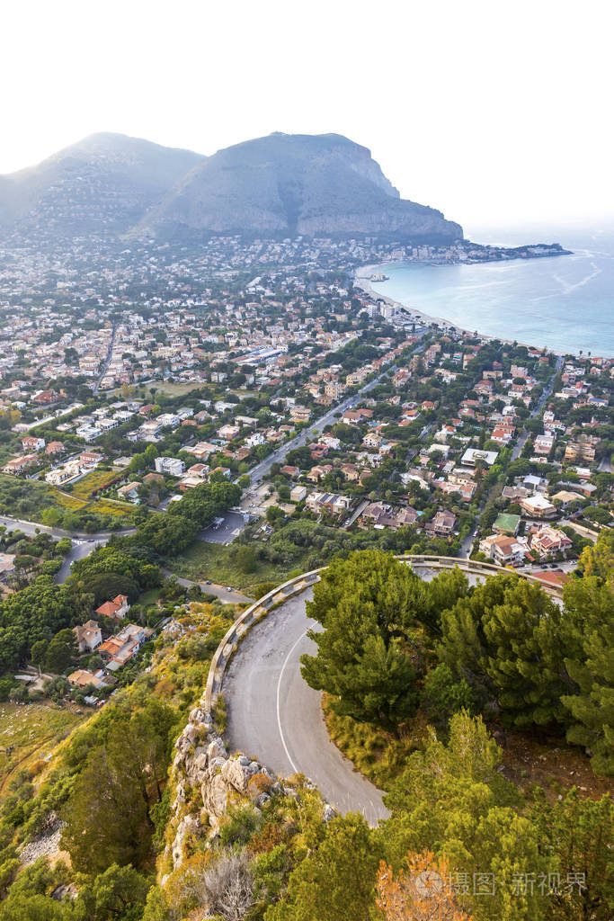 意大利西西里岛巴勒莫蒙代洛海滩全景鸟瞰图