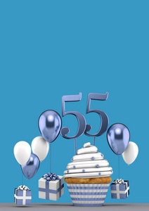 55号蓝色生日纸杯蛋糕，有气球和礼物。三维渲染