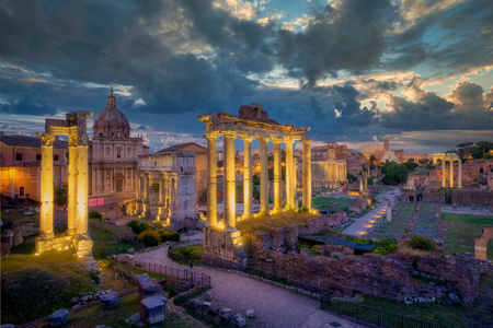 Forum Romanum archeological site in Rome with dramatic colorufl 