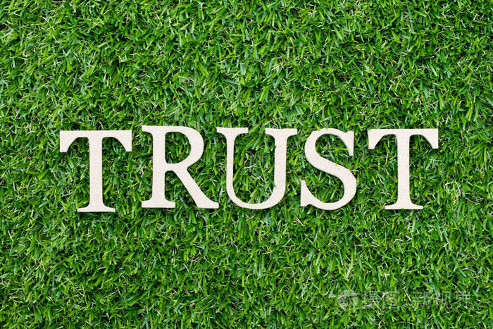 绿草背景上单词trust中的木字母