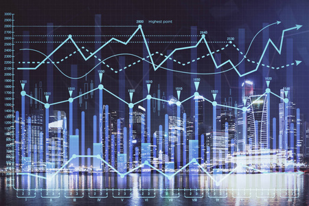 金融图表的城市景观与高楼背景多重曝光。分析概念。
