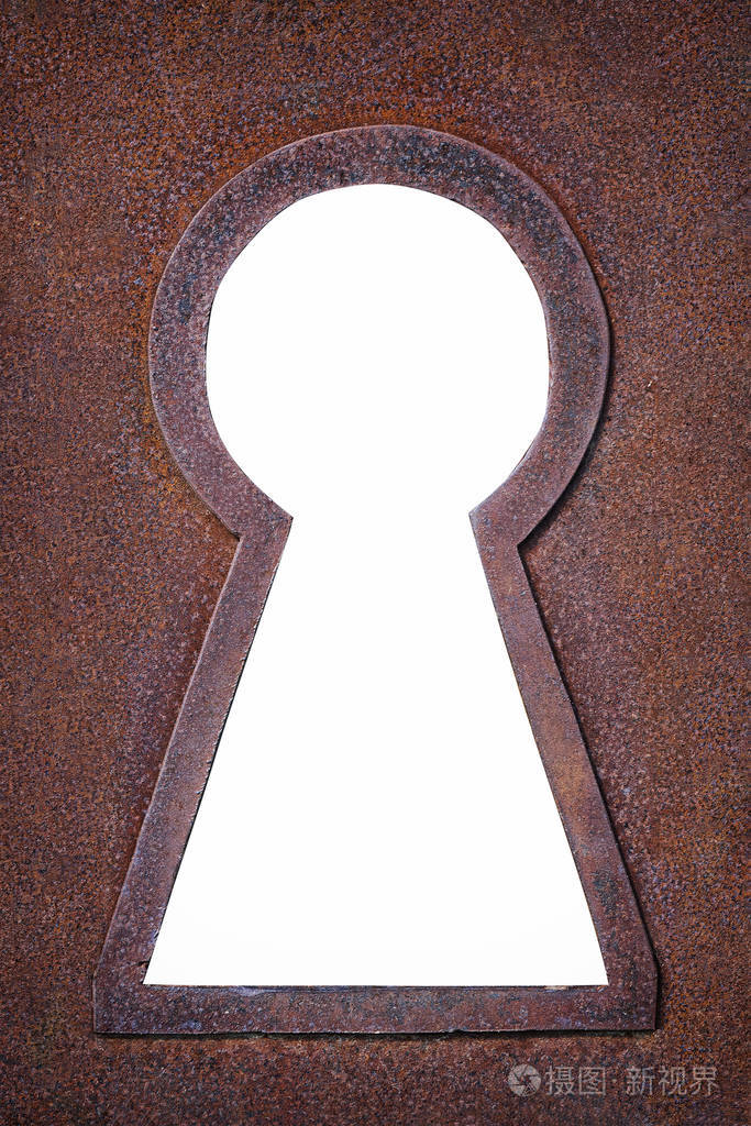 生锈的金属钥匙孔隔离在白色上