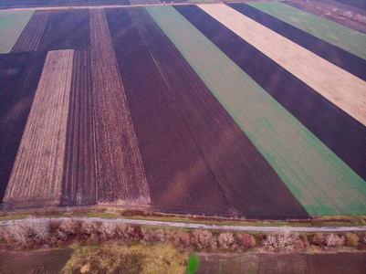 Aerial view of plowed field 
