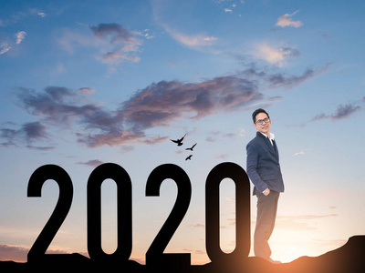 新的2020年概念，剪影年轻成功的商人智慧