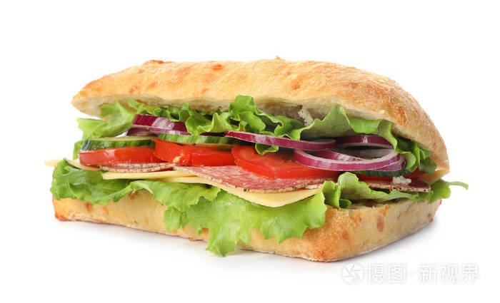 delicioussandwichwithfreshvegetablesandsalamiisolatedon