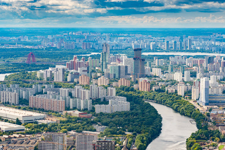 莫斯科全景.城市建筑.俄罗斯首都俯视图.市中心有四架直升机.