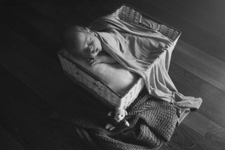 新生婴儿裹着毯子睡在篮子里。儿童保健试管受精的概念。黑白照片