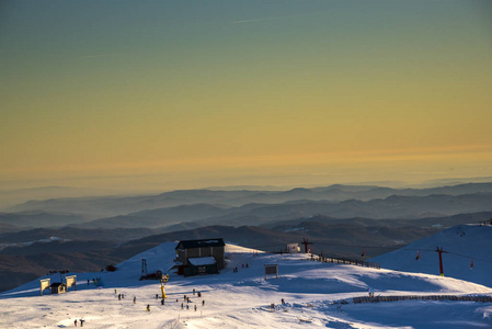 滑雪 假期 自然 寒冷的 奥地利 风景 旅游业 冬天 日出