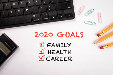 2020 Goals. Family, health and career concept. Computer keyboard