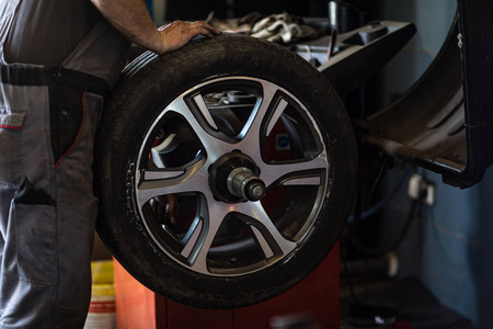 Wheel balancing or repair and change car tire at auto service 