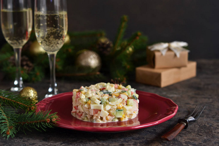 New Years holiday salad with crab and corn on the table. 