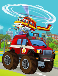 卡通场景，消防车在道路上行驶，直升机在城市上空飞过儿童插图