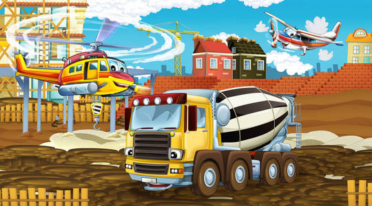 建筑工地上有工业汽车和飞行的直升机和飞机的卡通场景儿童插画