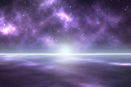俯瞰云层行星.一颗发光的星星出现在地平线上.摄影图