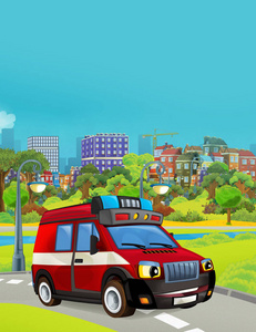 消防车在路上的卡通场景儿童插图